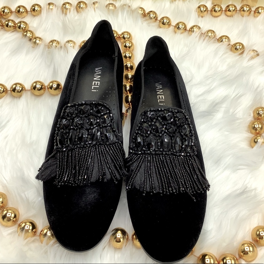 Vaneli Black Rhinestone and Fringe Velvet Loafer